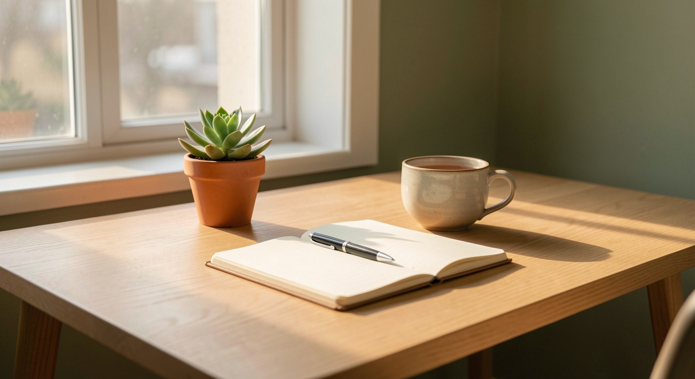 Calm workspace with morning light, clean desk with plant and tea, warm atmospheric tones
