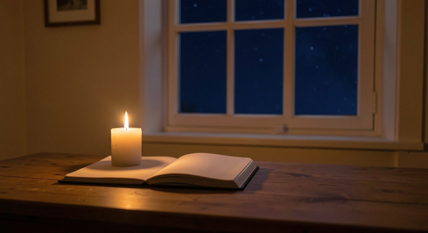 A calm evening desk with an open notebook and candle, warm amber light, quiet reflective atmosphere for evening review practice