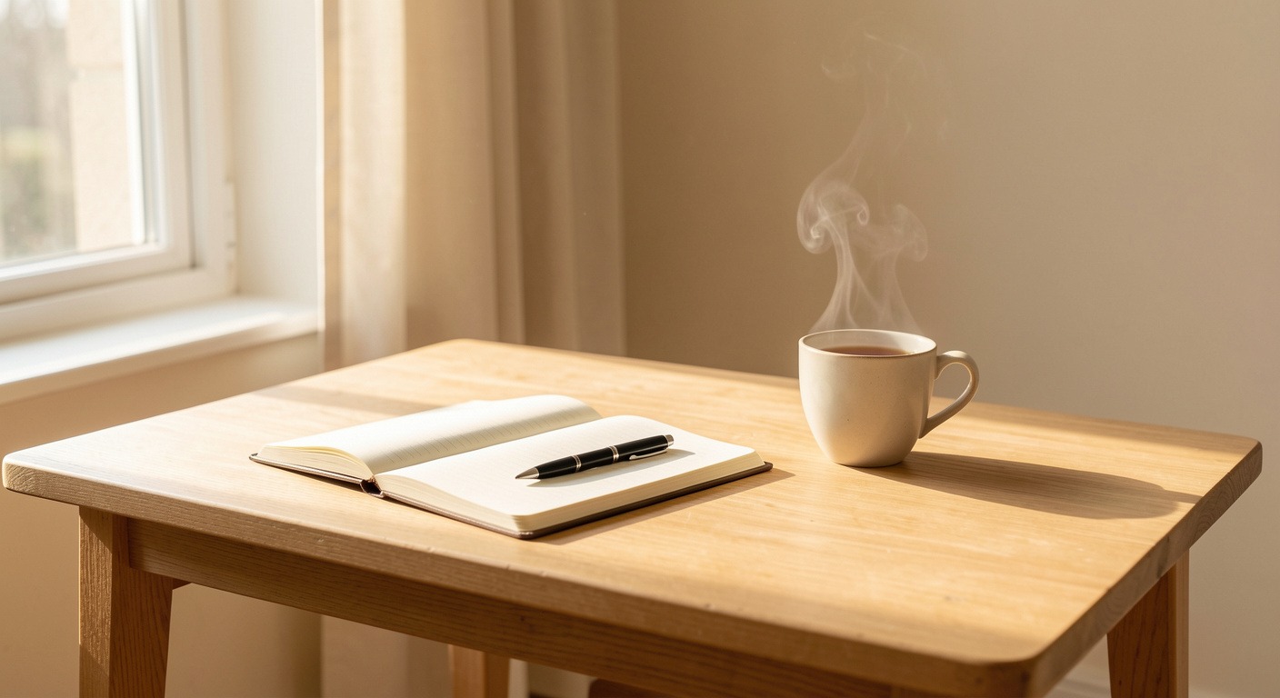 A calm, warm, minimal interior scene with soft morning light streaming through a window onto a simple wooden desk with an open journal