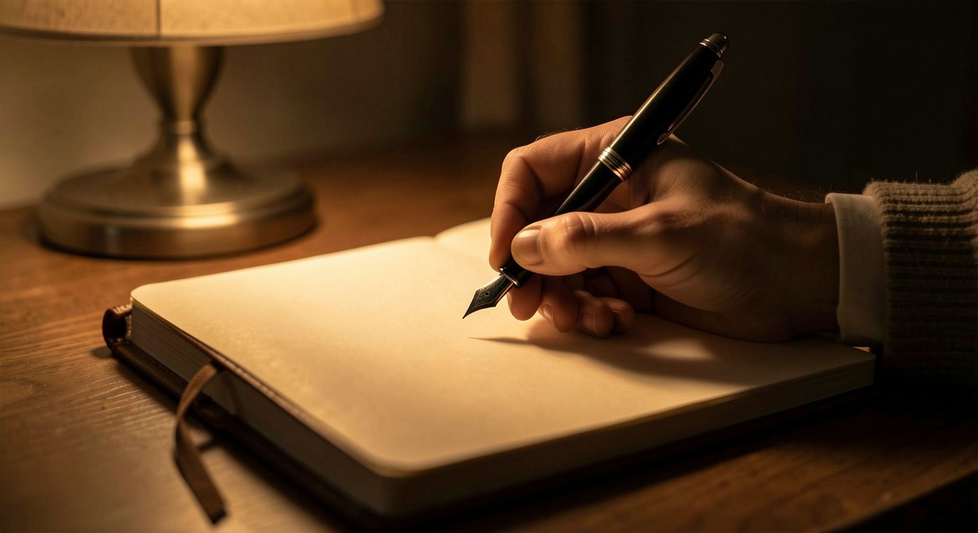A hand writing in a leather-bound journal with fountain pen, warm lamplight creating golden pool of light, conveying quiet discipline and nightly ritual