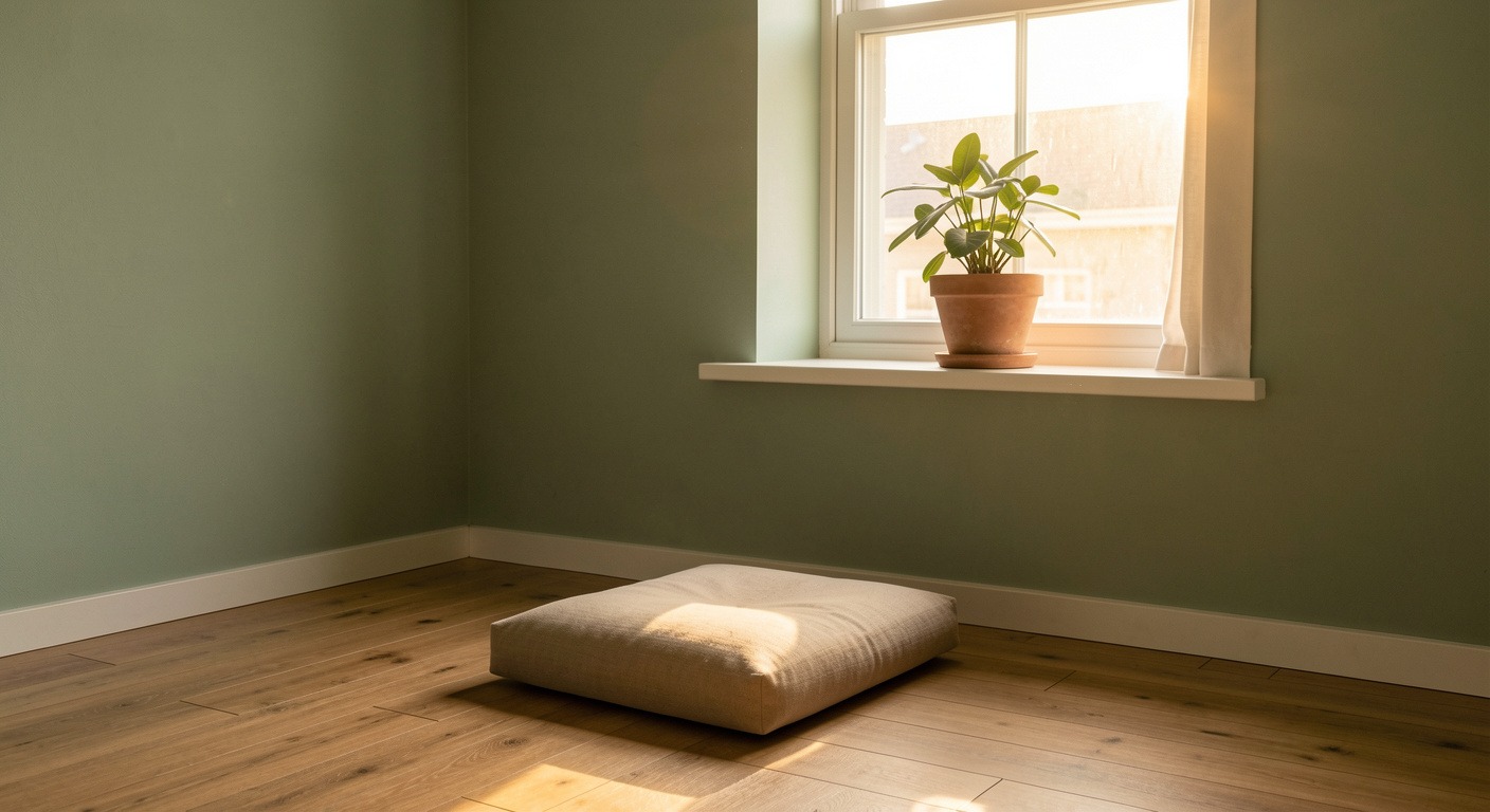 A quiet meditation space with wooden floor, a single cushion, and a small plant on a windowsill, bathed in warm golden hour light