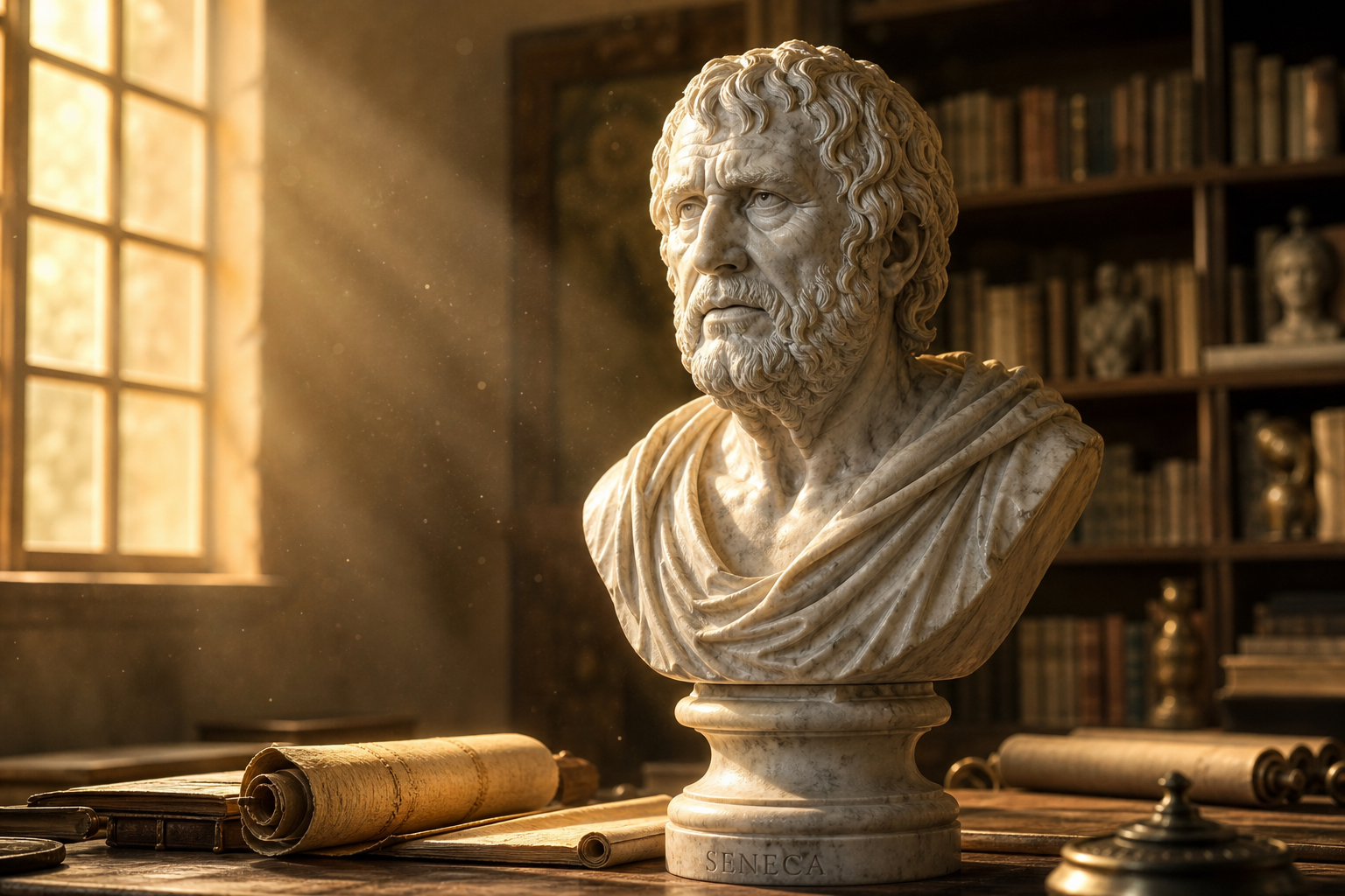 Marble bust of Seneca in warm golden light, ancient study with scrolls