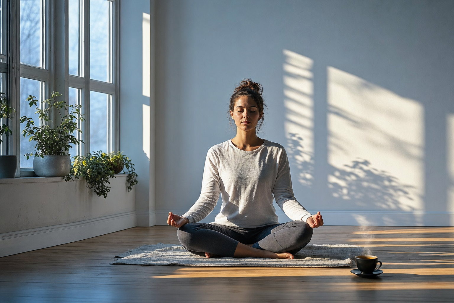 Person sitting cross-legged in meditation by a sunlit window with tea