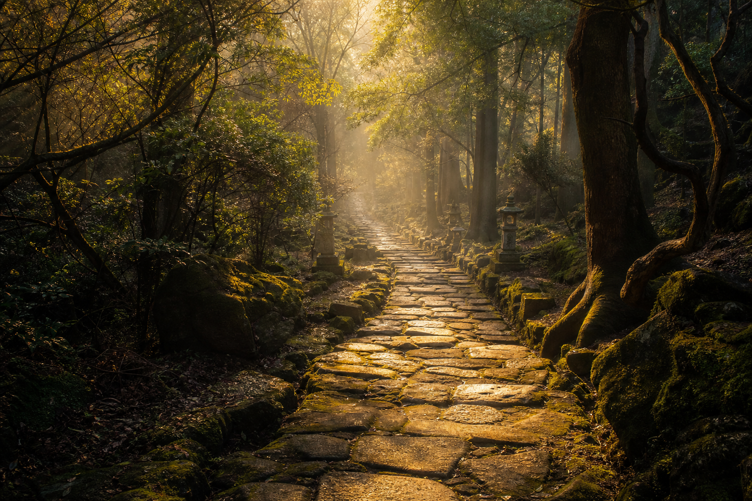 Ancient stone path through a misty forest with golden sunlight