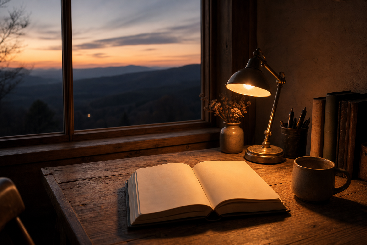 Quiet evening scene with desk, journal, and lamp by a window at dusk