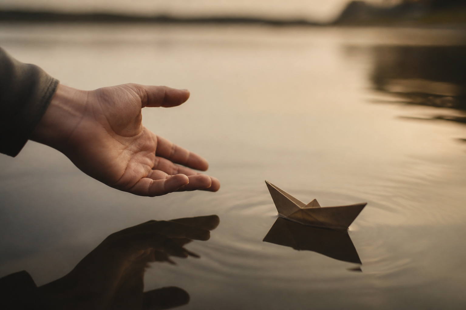 Open hand releasing a small paper boat onto calm water