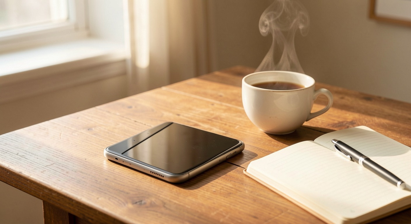 A smartphone rests face-down on a wooden table beside a cup of tea and an open notebook, bathed in soft morning window light — a scene of intentional digital calm.
