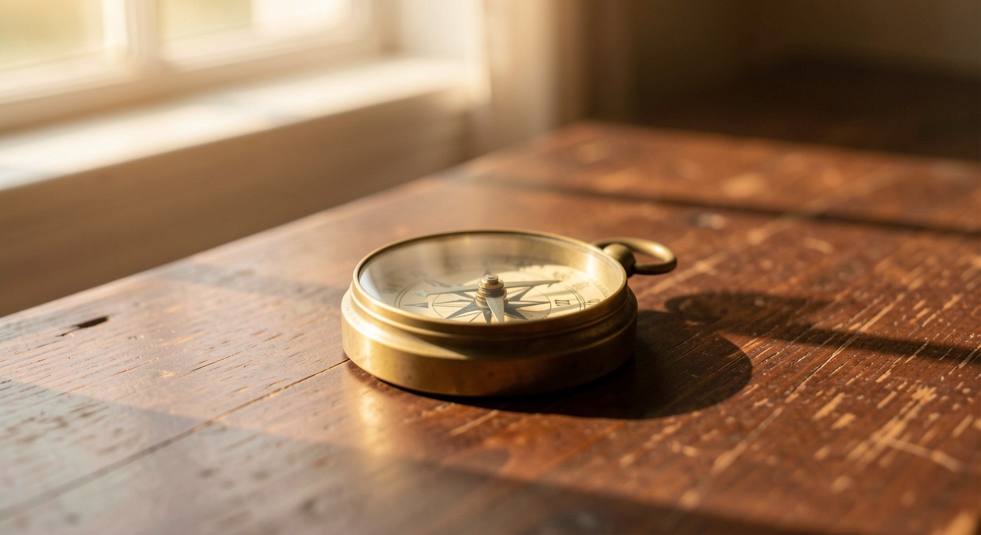A compass resting on aged wood with soft natural light, warm muted tones, contemplative atmosphere