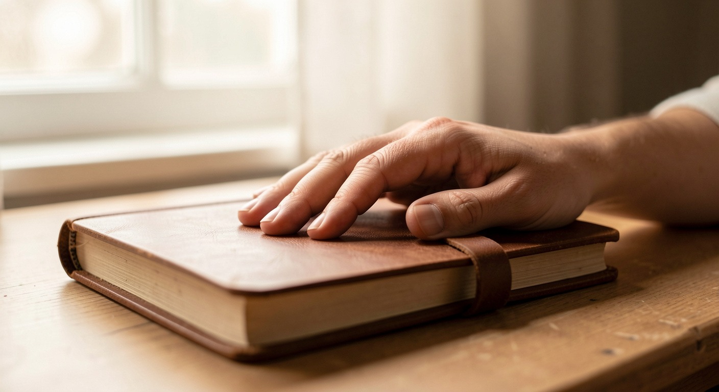 Closed leather journal with hand resting on cover, soft window light — peaceful completion of journaling practice