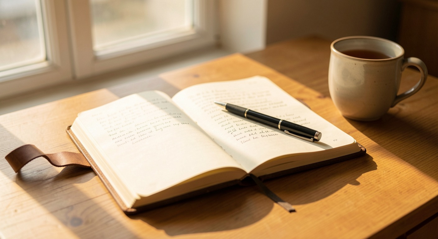 Open leather journal on wooden desk with morning sunlight, pen and tea cup - Stoic journaling practice