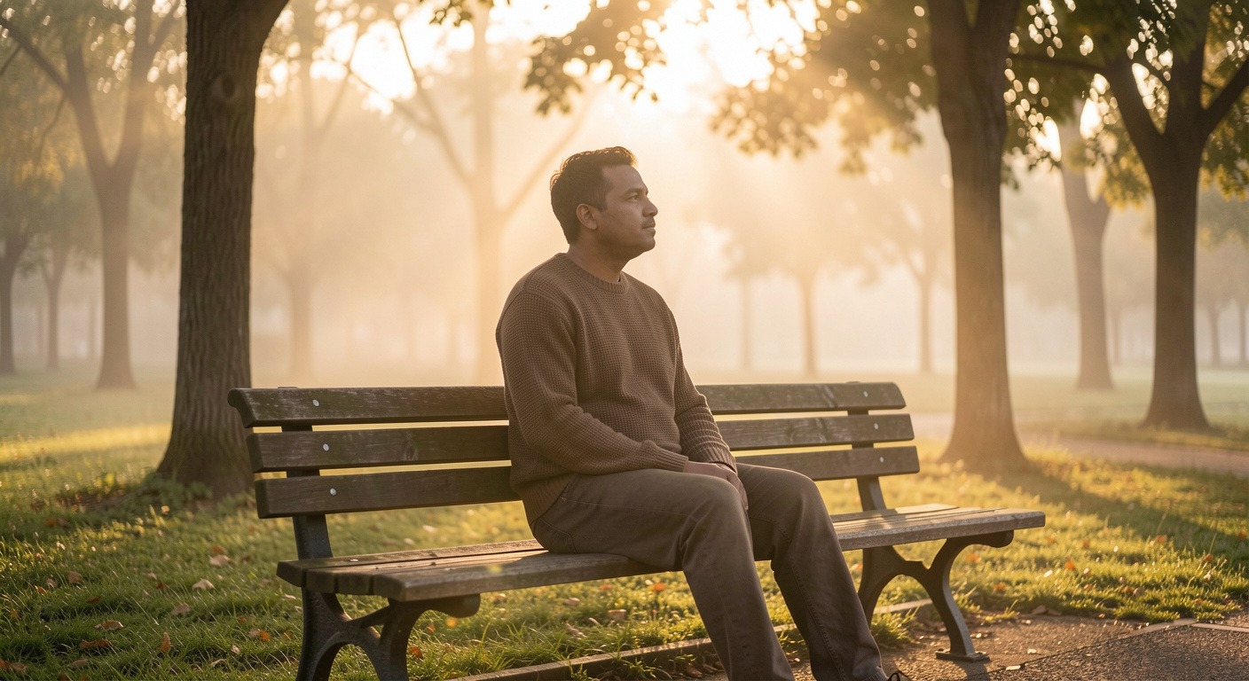 A person sitting calmly on a wooden bench at sunrise, representing the quiet presence of mindful listening — being fully attentive to another person.