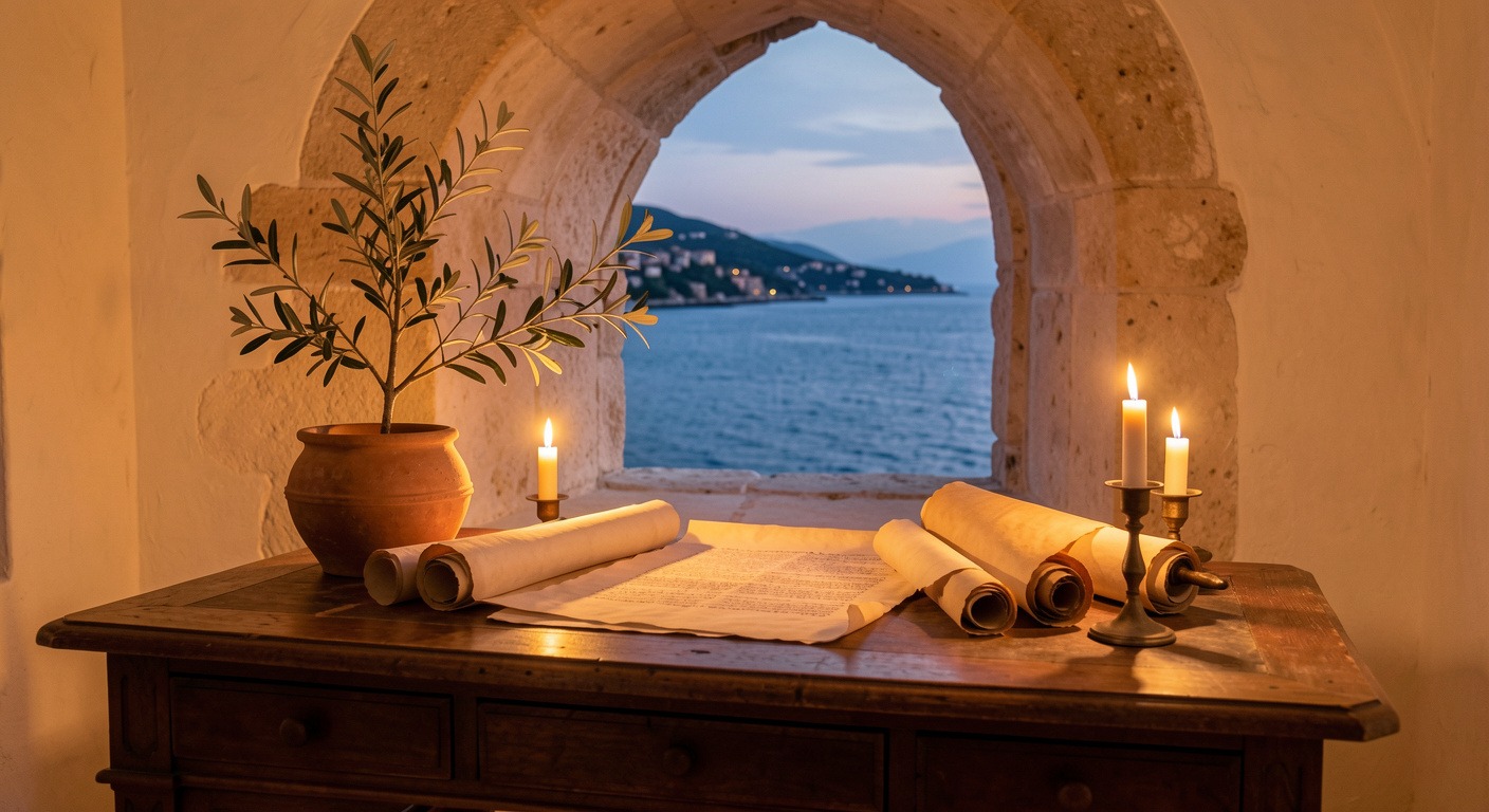 A warm atmospheric Roman study with unfurled parchment scrolls, olive branch, and candlelight — calm philosophical mood evoking Seneca's contemplative wisdom