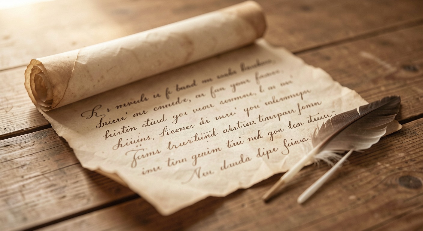 An intimate close-up of an aged handwritten letter on papyrus with a quill resting beside it