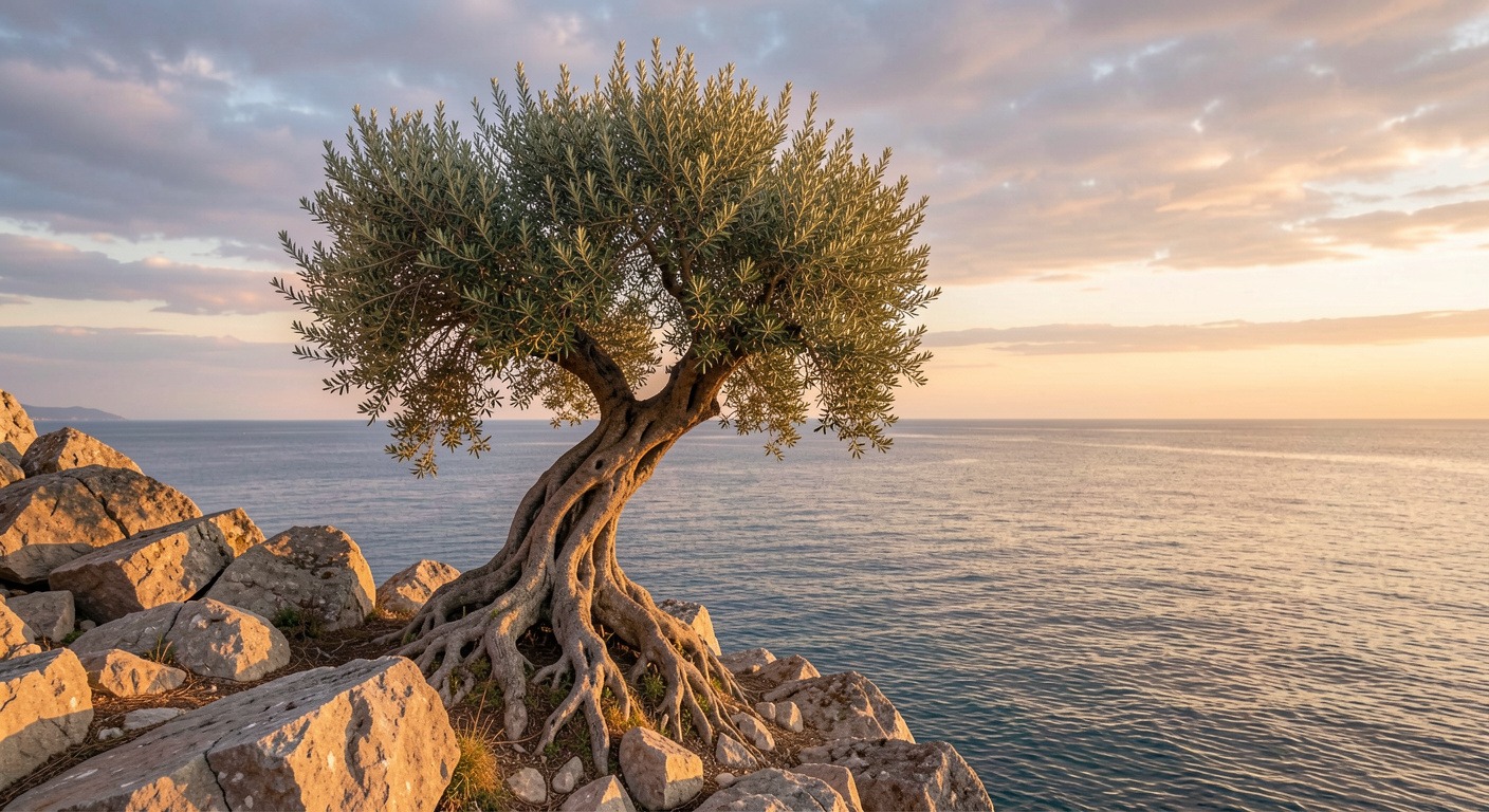 A lone olive tree standing resilient on a rocky Mediterranean cliff at golden dawn