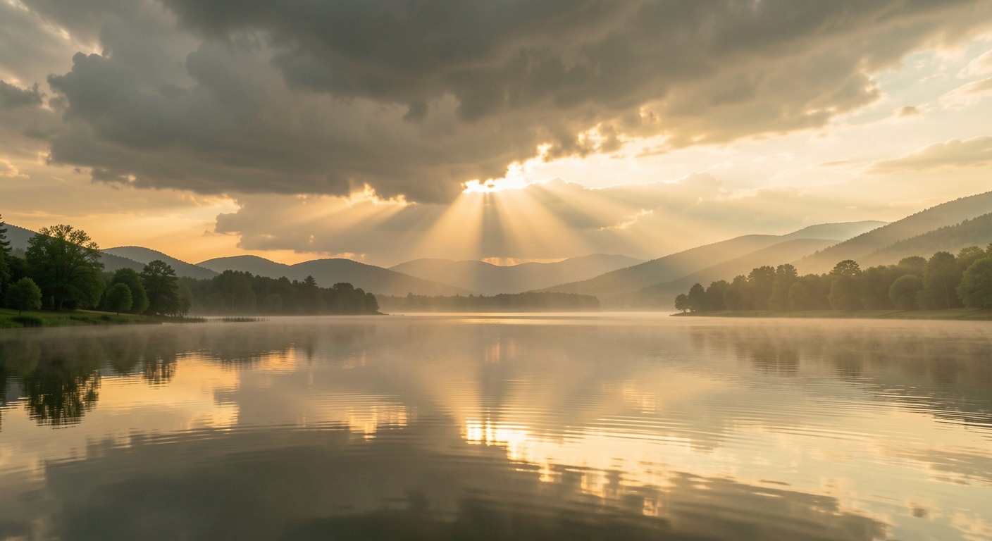 A serene dawn landscape with golden sunlight