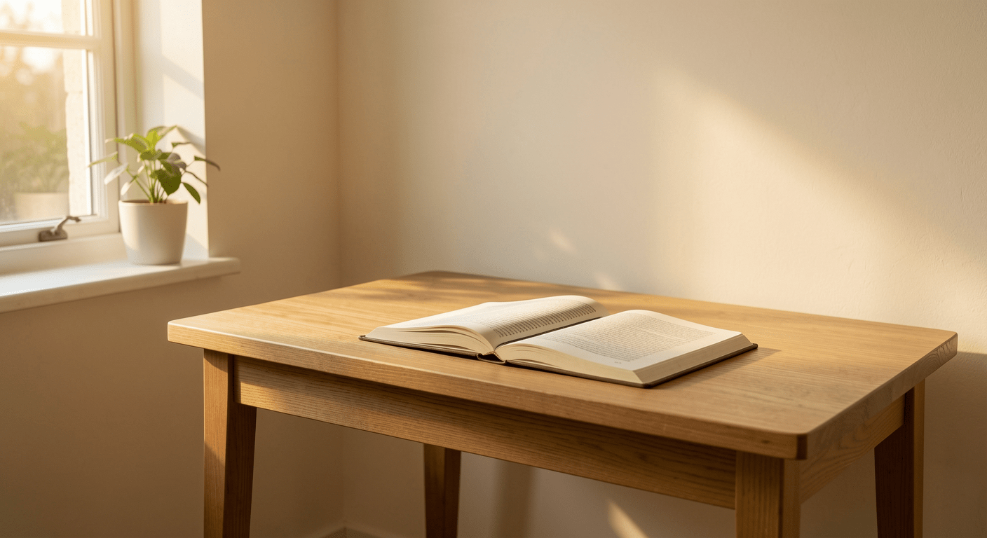 calm journal and tea on wooden desk for Stoic anxiety reflection