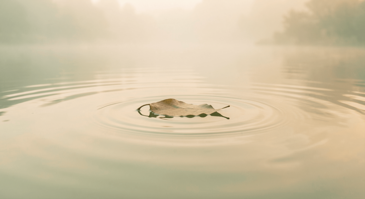 still water with single leaf representing calm after worry