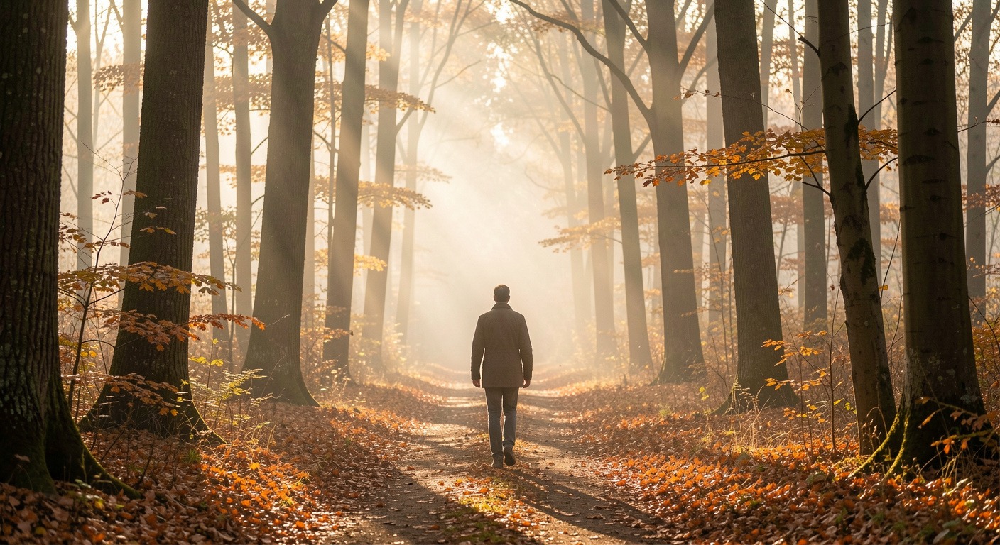 Person walking mindfully on a forest path, mindful walking is a way to practice present moment awareness in daily life.