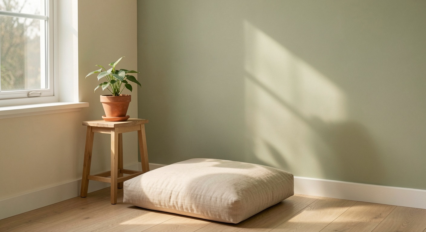 Simple meditation corner with cushion and plant, a calm domestic sanctuary for mindfulness practice.