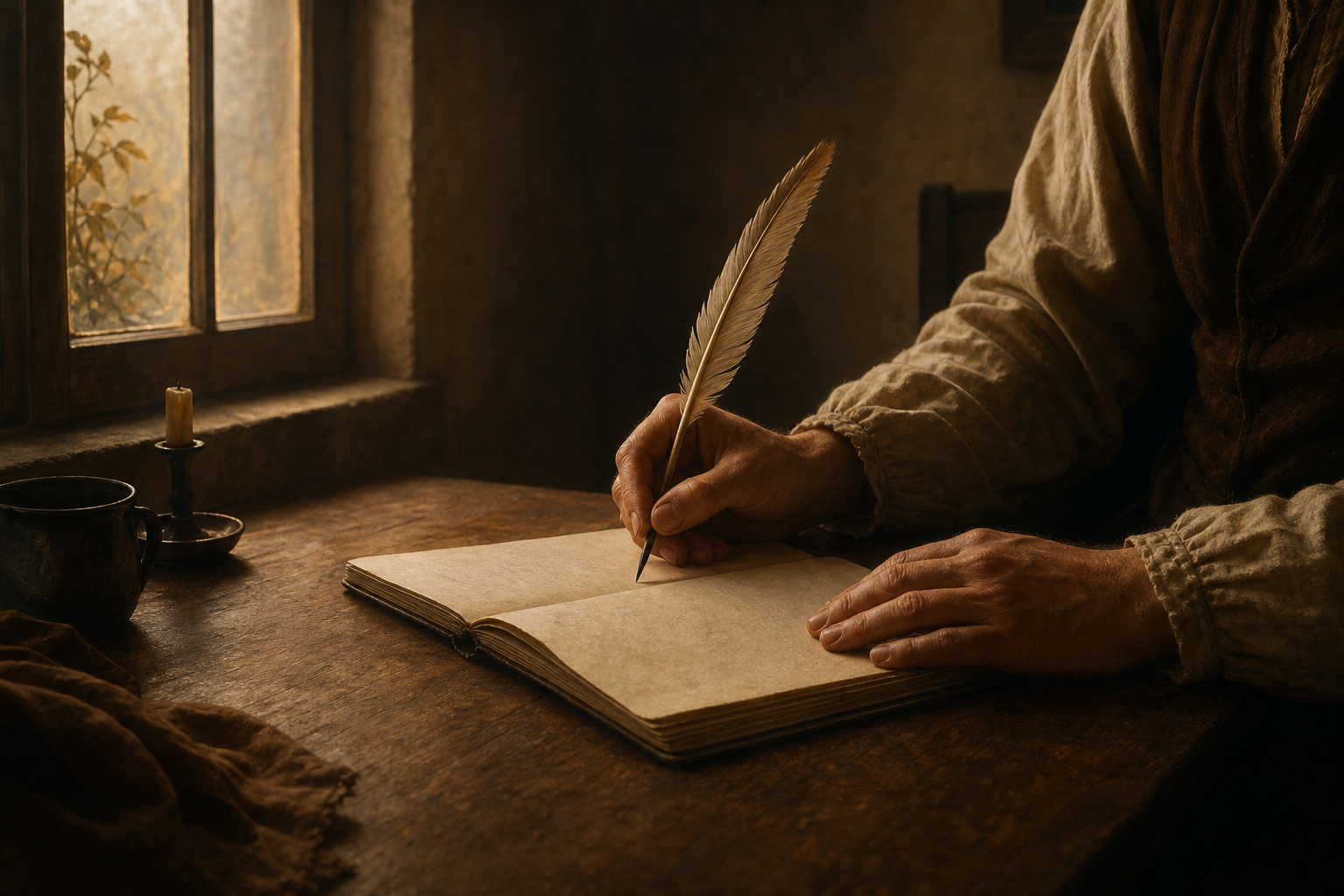 Contemplative journal writing scene with warm amber tones