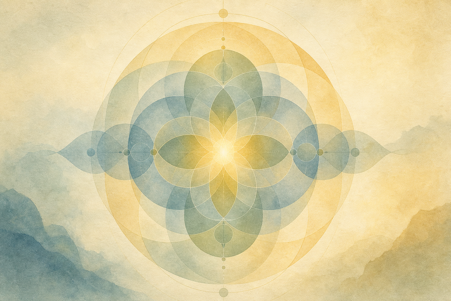 Geometric mandala in muted gold, sage, and blue