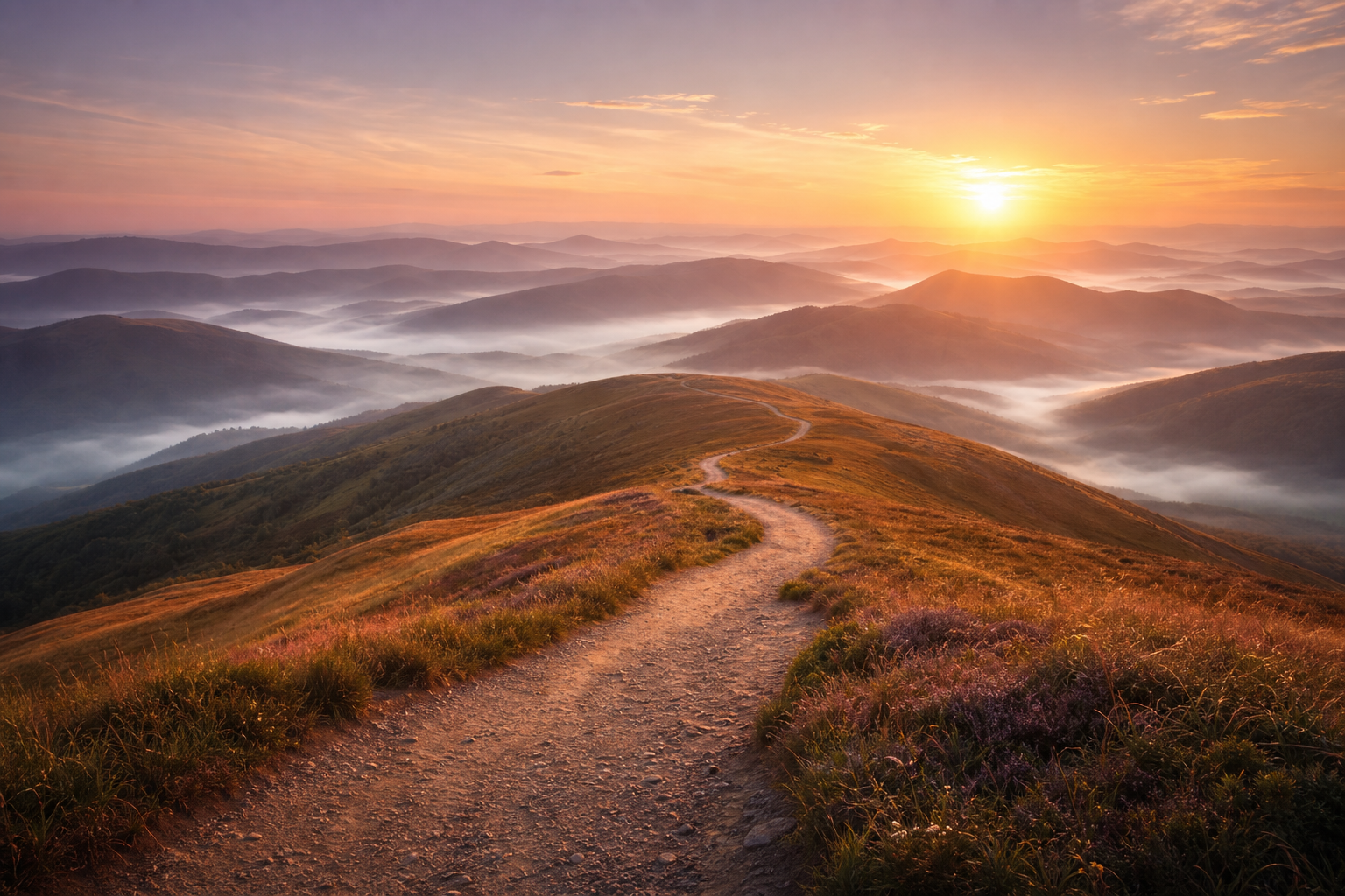 Serene sunrise landscape with winding path