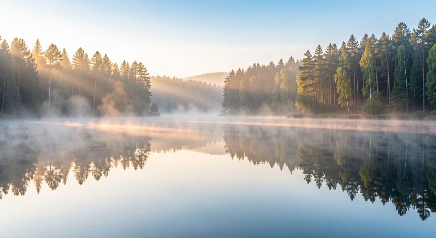Still lake at dawn with mist and tree reflections - peaceful meditation scene