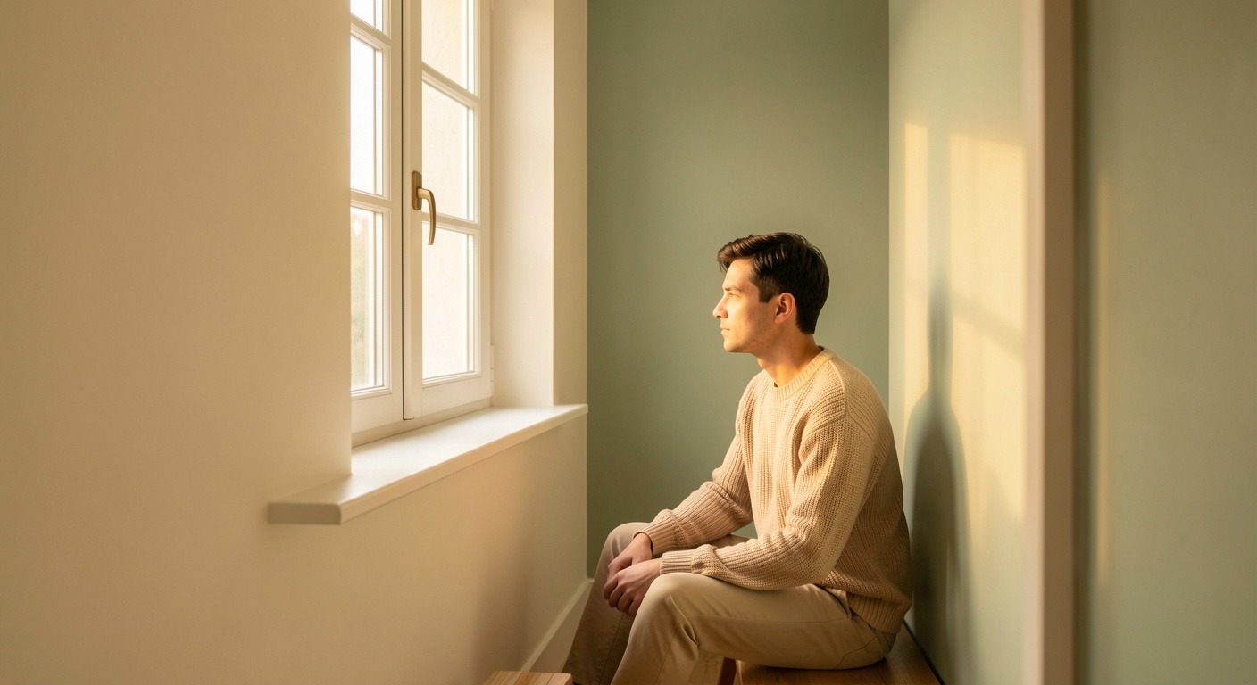 Person sitting peacefully by a window in morning light, calm reflective atmosphere