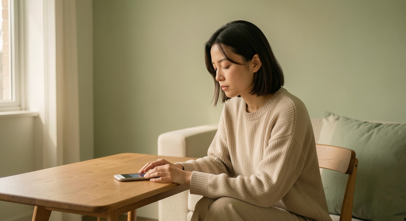 Person practicing mindful pause in a softly lit room with phone set aside on table