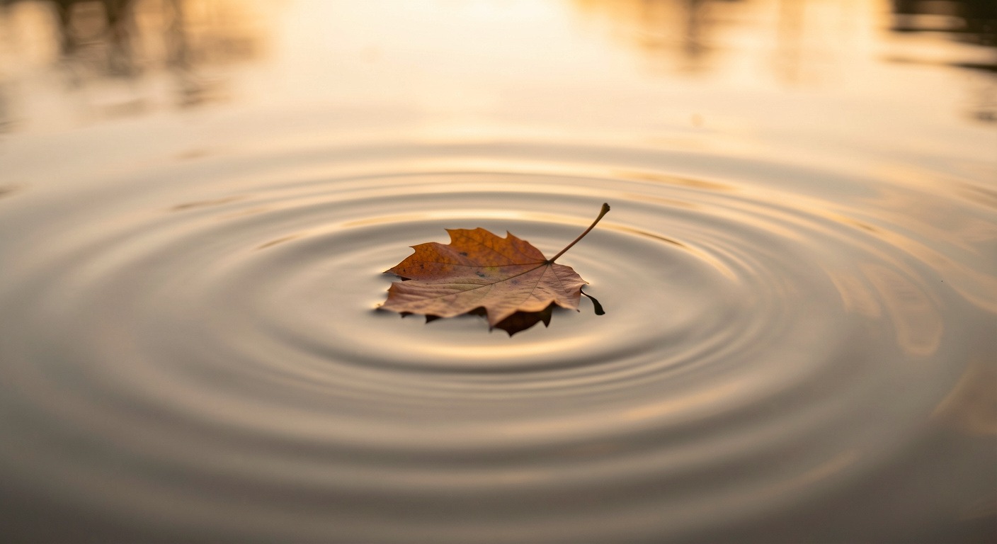 Single leaf floating on calm water symbolizing the practice of letting thoughts drift away