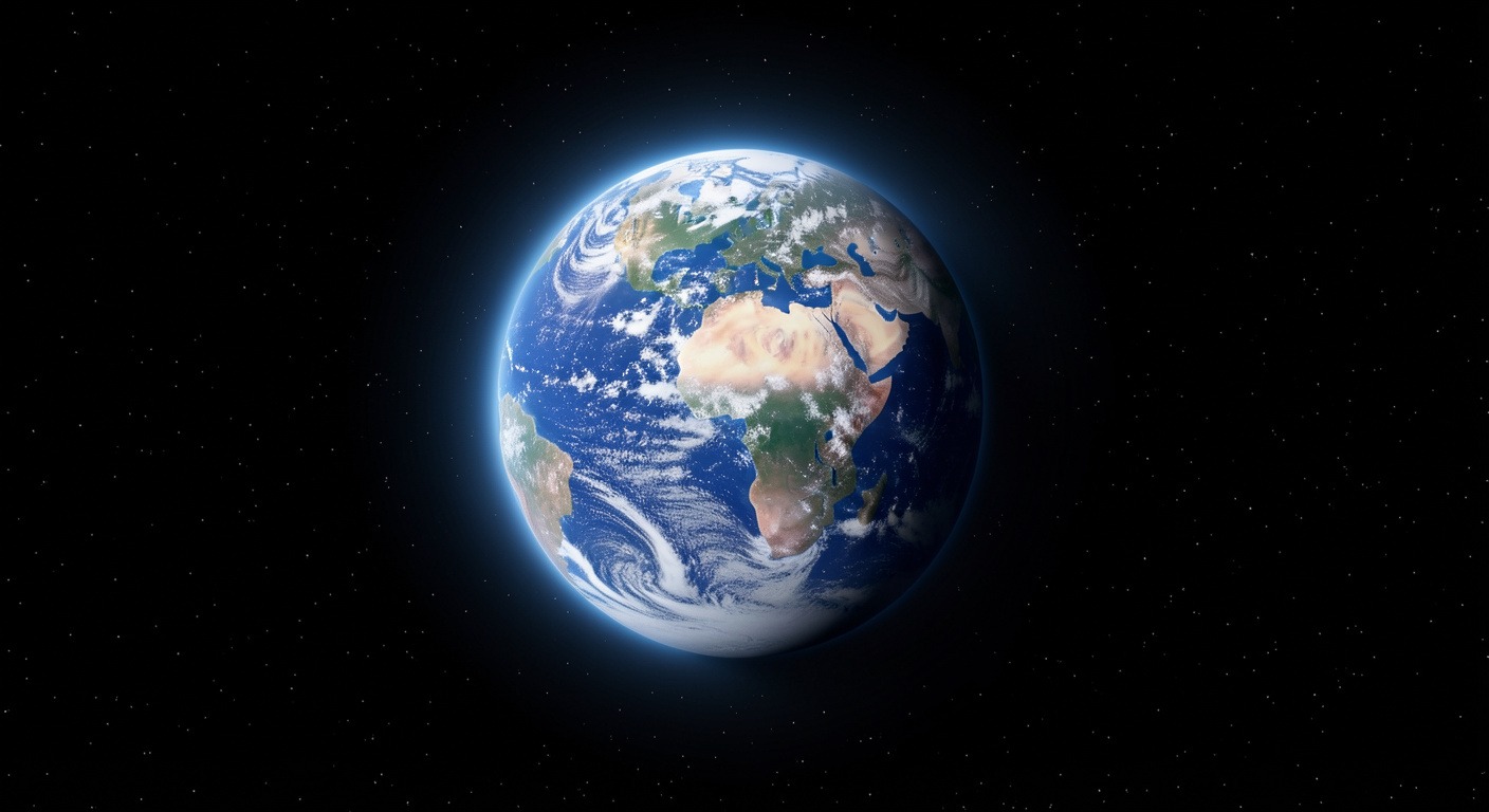 Planet Earth viewed from space as a luminous blue-white sphere suspended in darkness, representing the cosmic perspective gained through the View from Above practice.