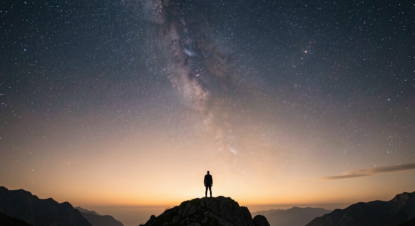 A contemplative figure silhouetted against a vast star-filled night sky, representing the Stoic View from Above practice of gaining cosmic perspective on daily concerns.