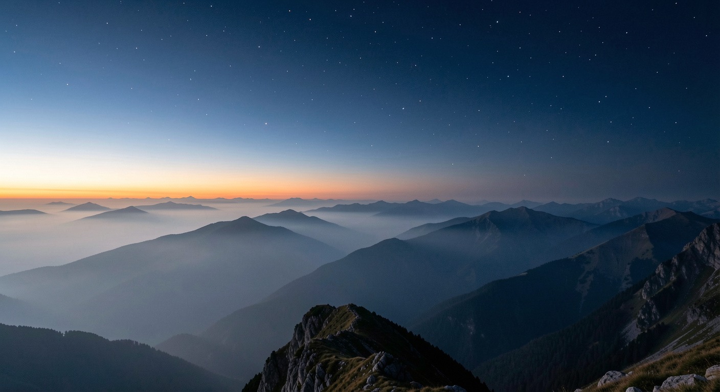 Wide landscape of layered mountains under a twilight sky with stars, evoking the elevated perspective and calm of the Stoic View from Above.