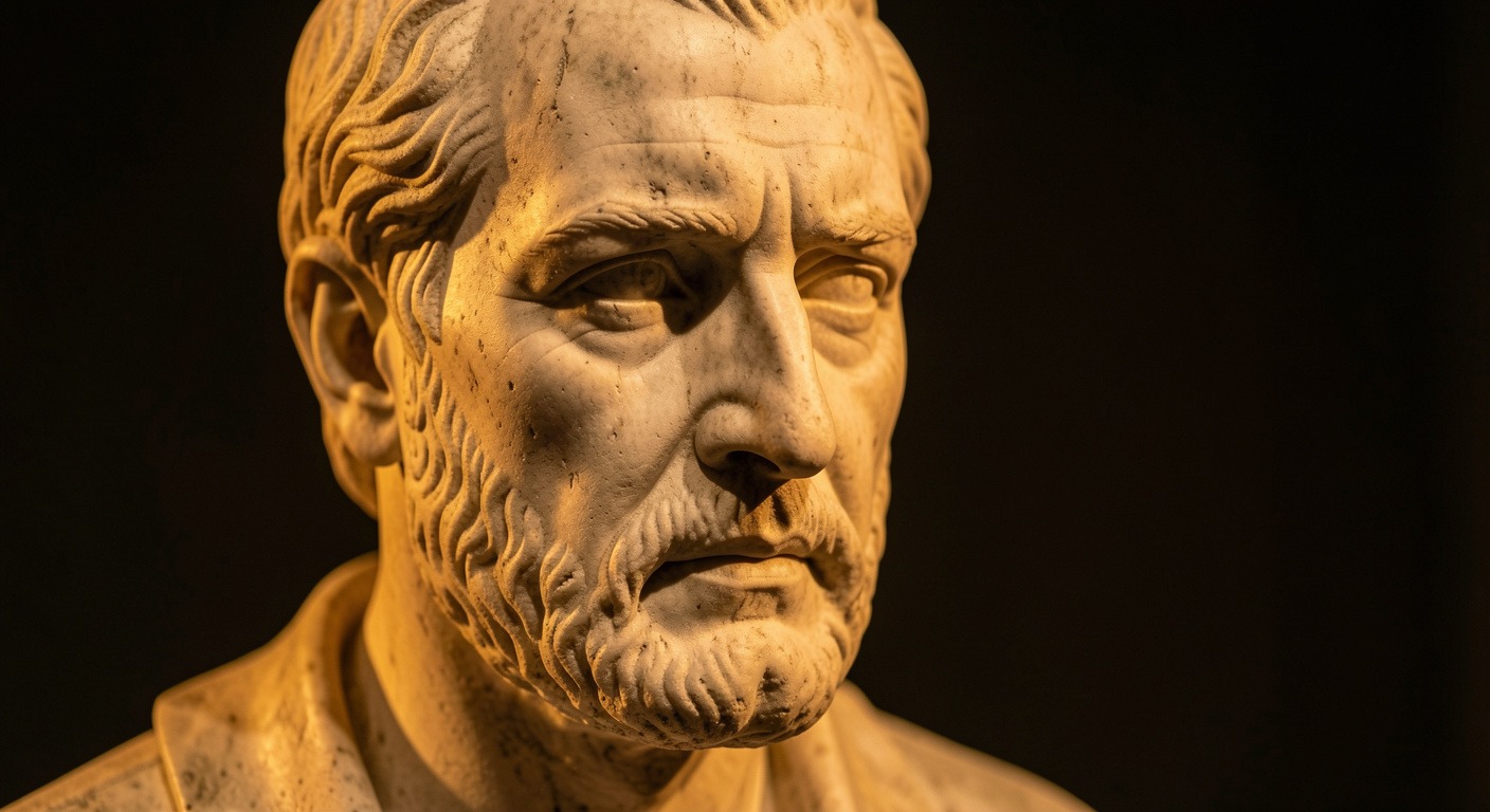 Close-up of ancient marble statue of Seneca partially illuminated by warm golden light, contemplative expression suggesting introspection