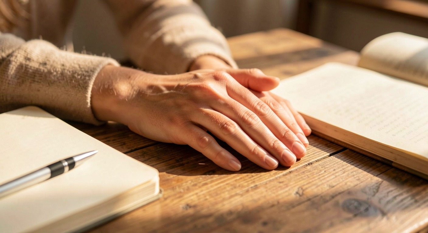 Hands resting gently on a wooden table with morning sunlight, a journal and pen visible on the side