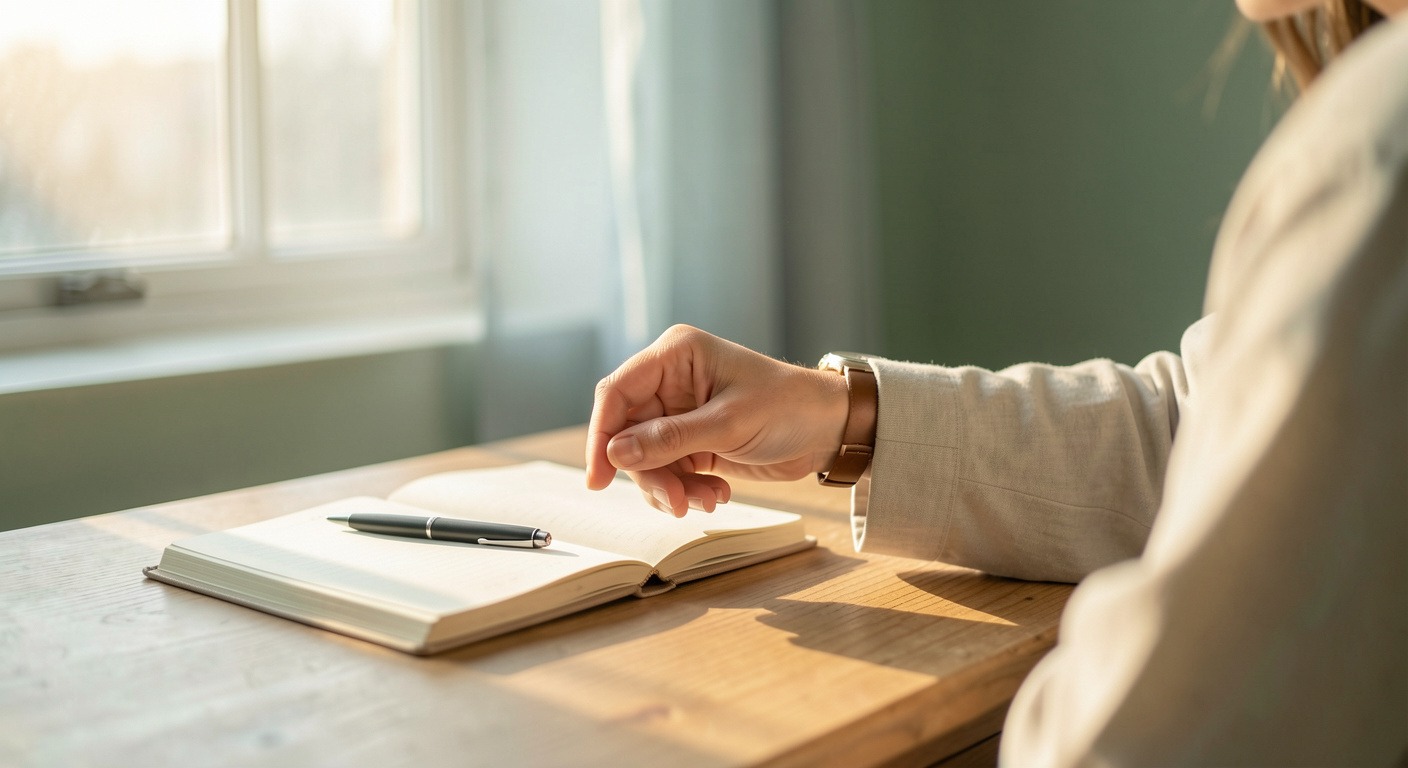 Someone looking at a wristwatch in soft morning light with journal nearby — calm reflective scene for mindfulness article