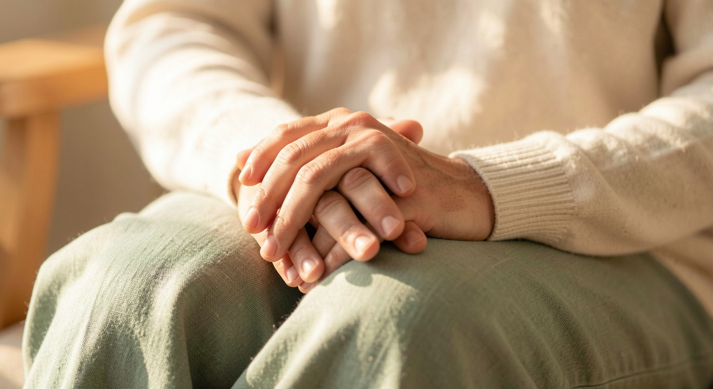 Close-up of hands resting calmly on a lap in soft morning light, conveying stillness and quiet attention
