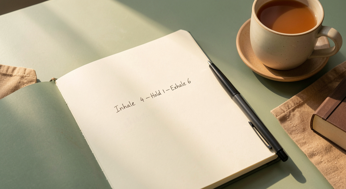 An open notebook on a desk with handwritten breathing instruction Inhale 4 Hold 1 Exhale 6, morning light, cup of tea nearby