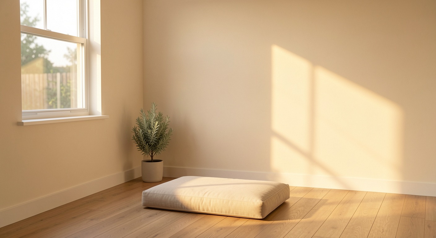Minimalist meditation room with soft natural light