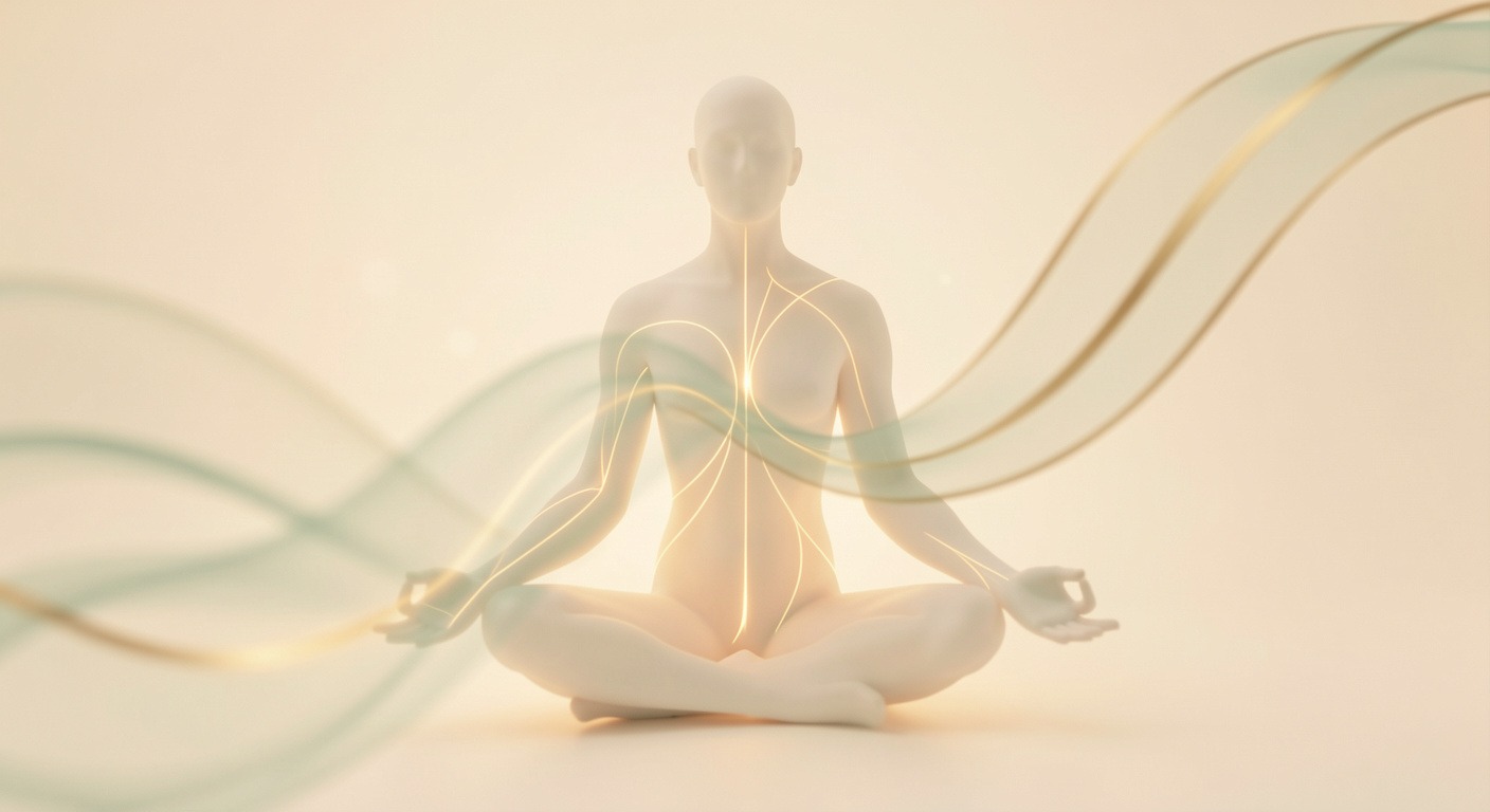 Calm minimalist body scan meditation concept with warm cream and sage tones