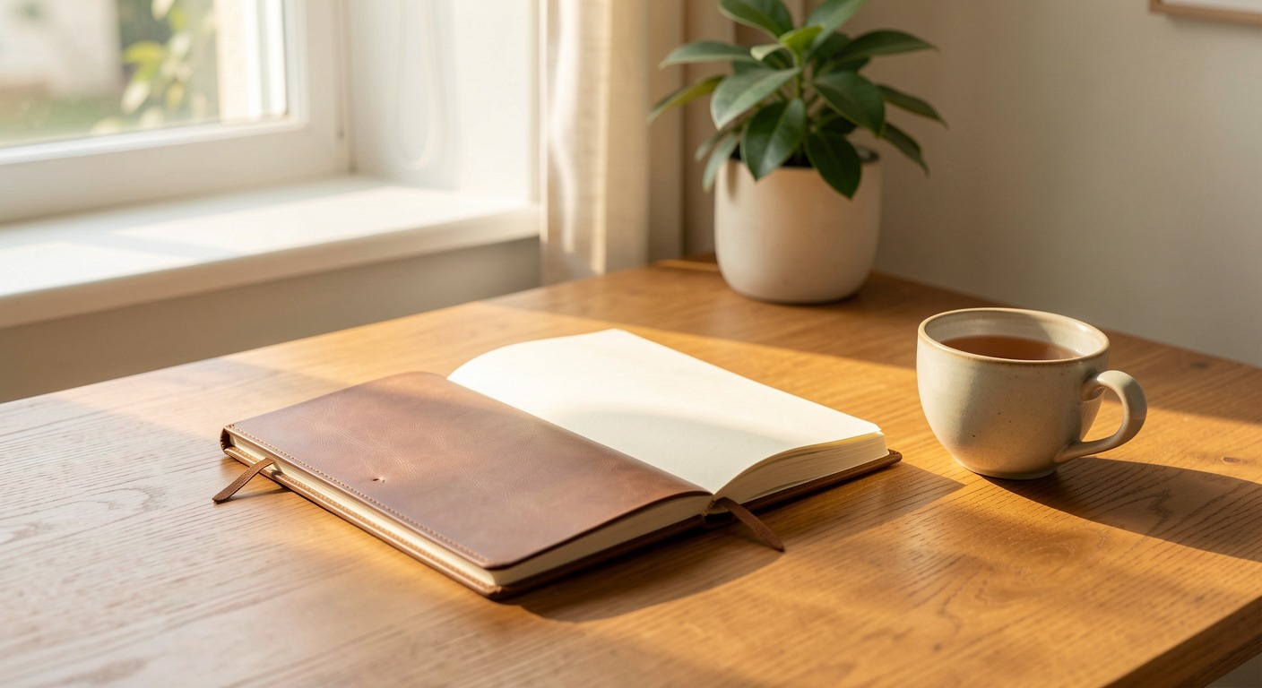 A calm morning desk scene with an open journal, tea, and soft sunlight — reflecting the Stoic practice of pausing before reacting to criticism