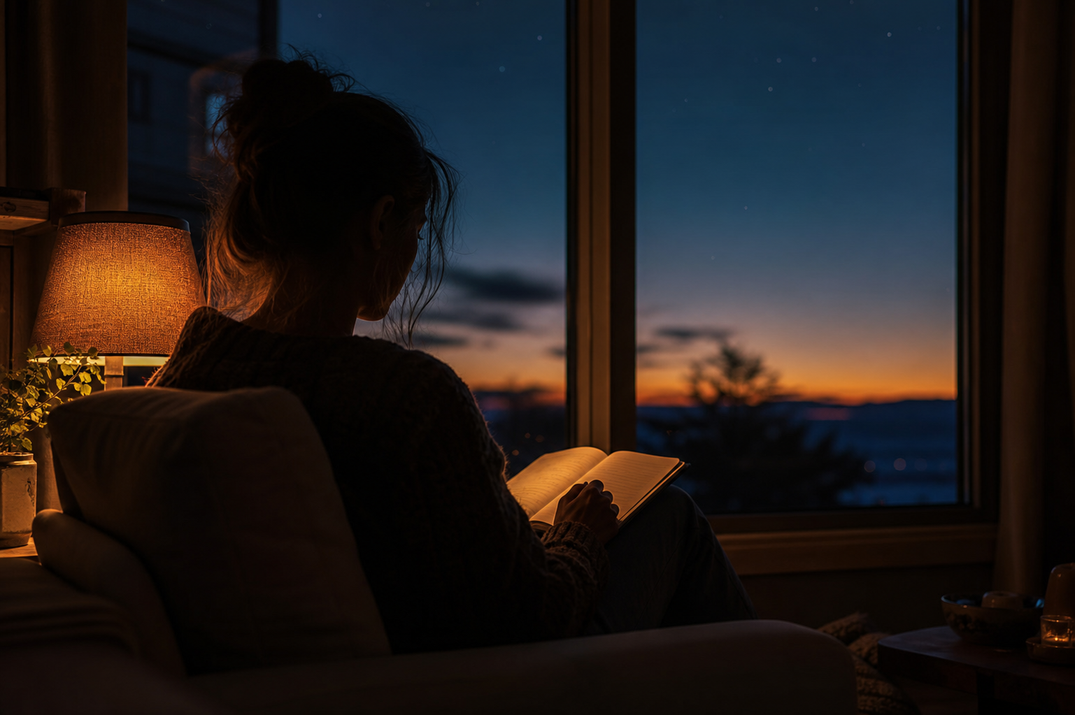 Evening scene with a figure silhouetted against a window at dusk, warm lamp light on a journal