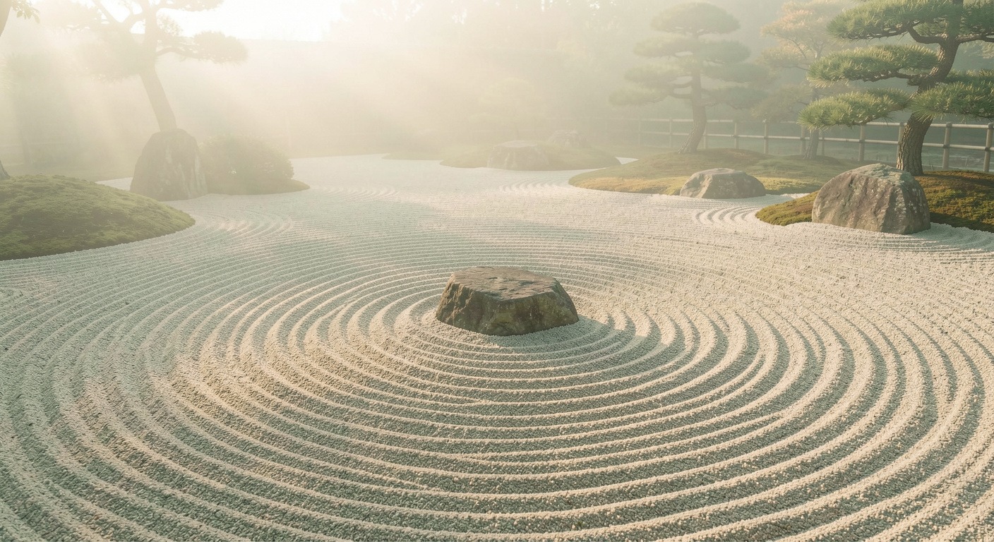 A calm Japanese rock garden symbolizing the space between emotion and reaction