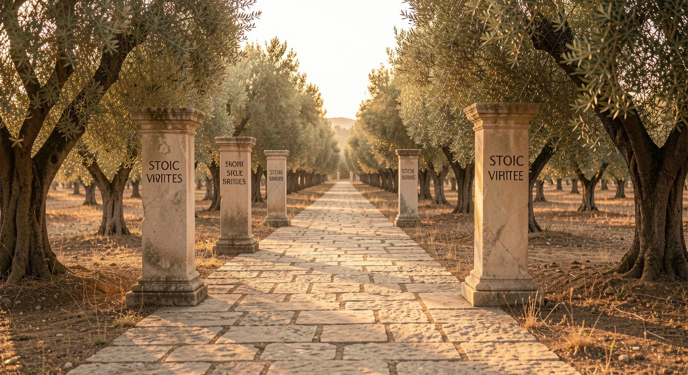 Stone pathway through ancient olive grove with four pillars representing Stoic virtues — Wisdom, Courage, Justice, Temperance