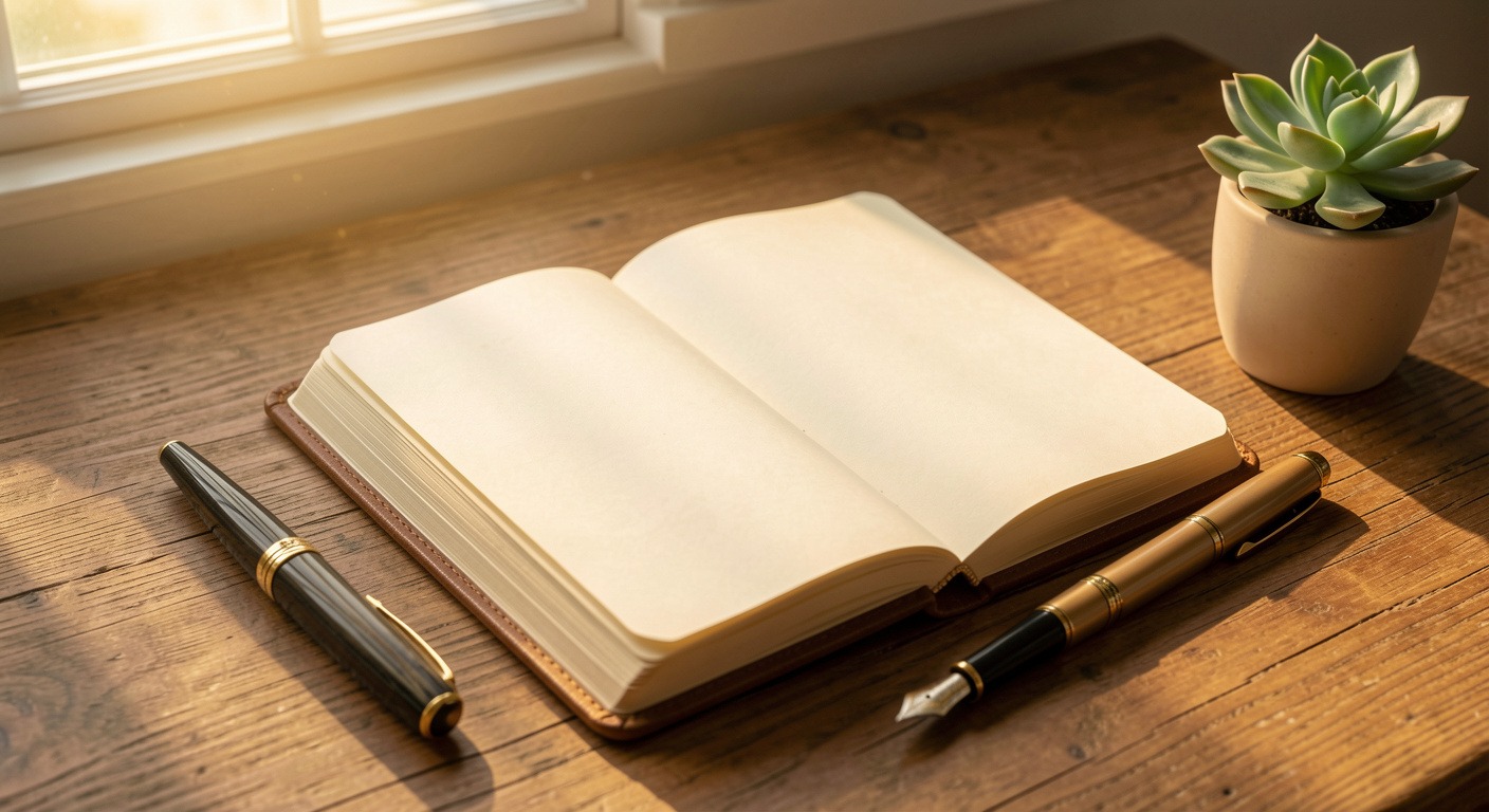 An open journal and pen on a wooden desk in morning light — the Criticism Journal exercise for Stoic reflection