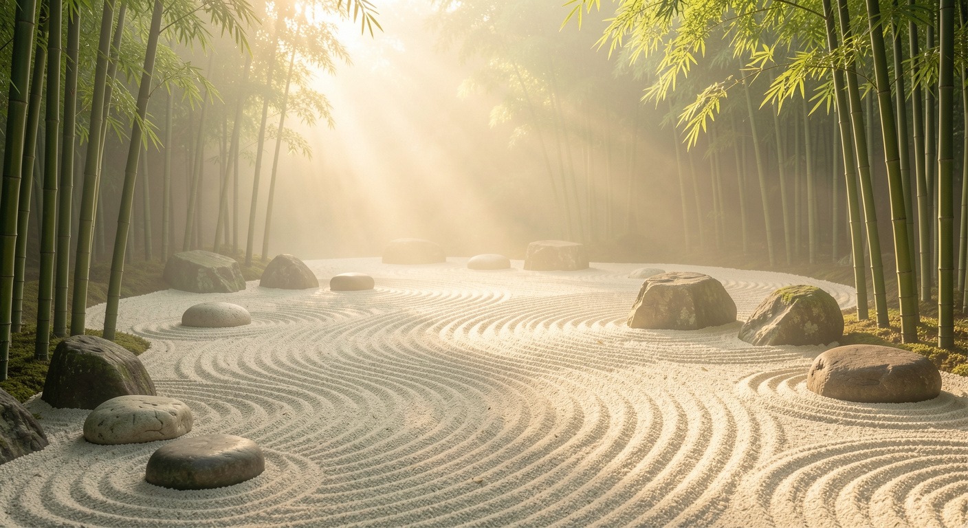 A peaceful zen garden with raked sand and morning mist — reflecting the calm space created by the pause before reacting to criticism