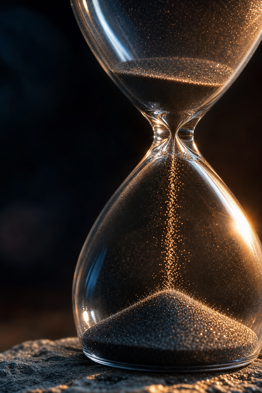 An extreme close-up of an hourglass with sand mid-fall, capturing the concept of the pause between trigger and reaction