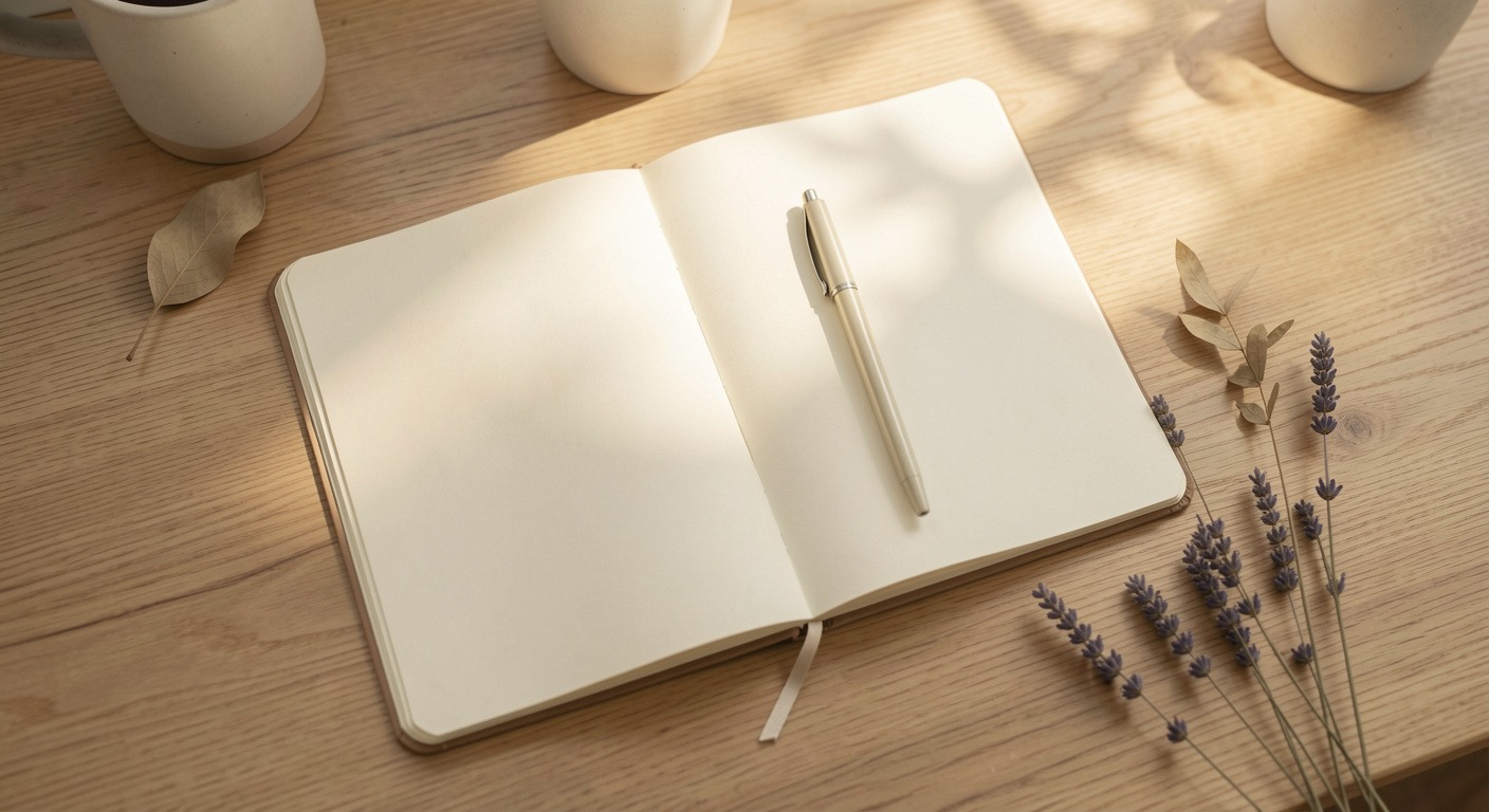 A minimalist calm desk scene with an open notebook, pen, and warm natural sunlight, representing the journaling and reflection practice