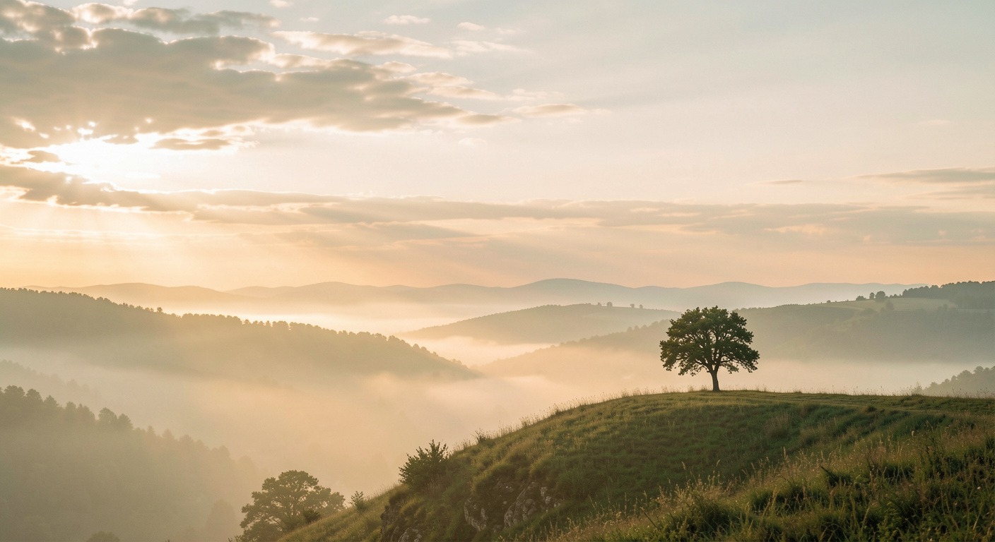 A soft atmospheric landscape at dawn with misty hills and golden light breaking through clouds, evoking release and inner peace