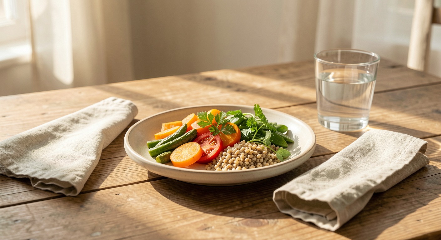 A calm mindful meal setting on a wooden table with colorful vegetables, grains, and fresh herbs in warm natural light